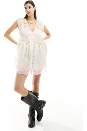 Free People Lace edge floral print floaty mini dress in multi