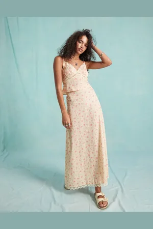 Miss Selfridge Western satin lace trim maxi skirt in ditsy-Multi
