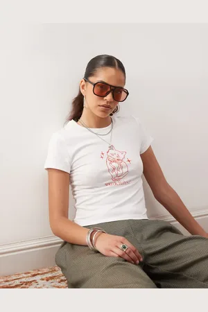 Noisy May Baby tee with cat graphic in white