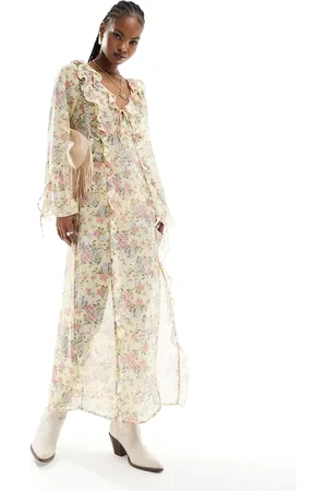 Kiss The Sky Sheer maxi dress with ruffles and tie cuffs-Multi