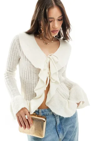 Y.A.S Frill detail tie front cardigan in cream-White