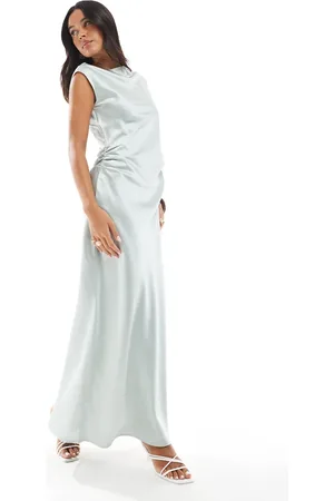 4th & Reckless Gathered waist drape detail slash neck satin maxi dress in light blue-Green