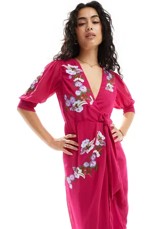 HOPE & IVY Wrap maxi dress in red with multi embroidery