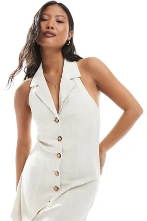Miss Selfridge Linen blend collared halter mini dress -Neutral