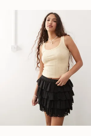 Miss Selfridge Lace trim pointelle singlet in -Black