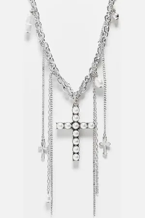 Reclaimed Unisex layered chain necklace with pearl cross in
