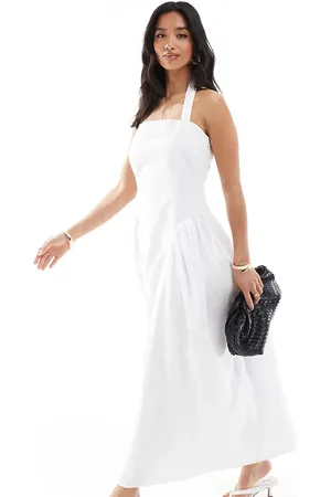 4th & Reckless Poplin square neck halterneck drop waist puff skirt maxi dress in