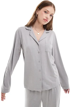 Loungeable Super soft jersey revere top and wide leg pants pyjama set with piping detail in marl