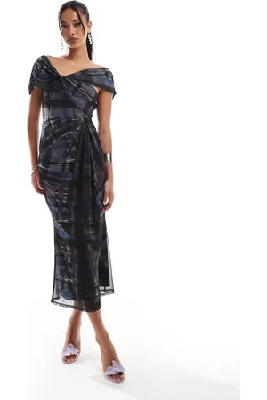 ASOS Off shoulder twist bust detail midi dress in abstract check print-Multi