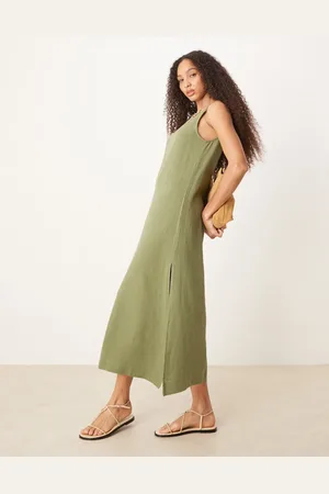 ASOS Scoop neck midi dress in linen in -Green