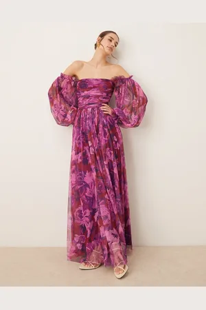 Lace & Beads Off-shoulder balloon sleeve tulle maxi dress in purple floral-Pink