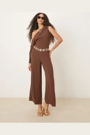 ASOS Linen fallen shoulder jumpsuit in brown