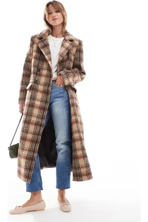 Brave Soul Wool look check overcoat in & rust