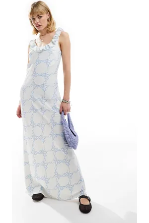 Glamorous Scoop frill neck maxi dress in white with print