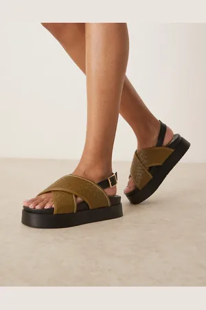 ASOS Flame woven cross strap footbed sandals in olive green