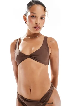 Miss Selfridge Twist front crop bikini top in chocolate-Brown