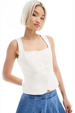 Pimkie Linen blend tailored square neck button through waistcoat in -Neutral