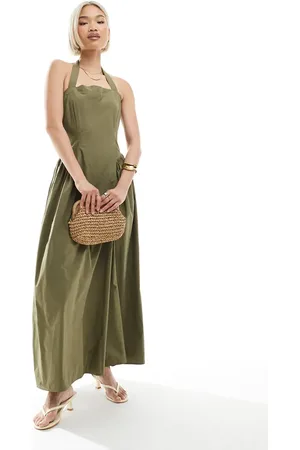 4th & Reckless Cotton square halterneck hip pleat detail maxi dress in green