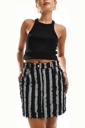 Object Raw denim stripe mini skirt in washed black-Blue
