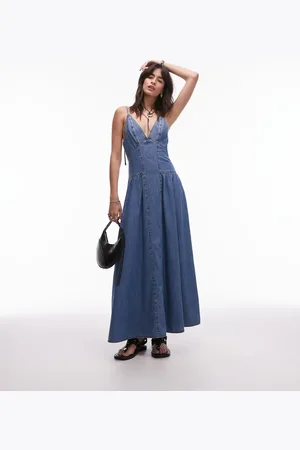 Topshop Denim maxi dress with seam detail and ruching in
