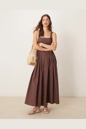 ASOS Scoop neck pleat waist midi dress in -Brown