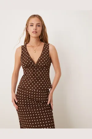 Kiss The Sky V-neck sleeveless top in brown polka dot