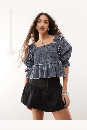 COLLUSION Extreme ruched puff sleeve blouse with contrast ties in check