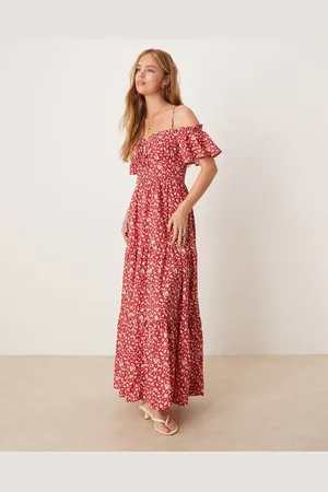 Kiss The Sky Off-shoulder ditsy floral tiered midi dress in red