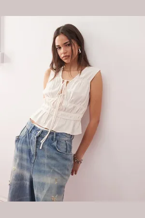 Reclaimed Ruched tie front linen top in ecru