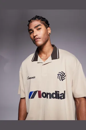 ASOS Oversized polo with sports graphic in beige-Neutral