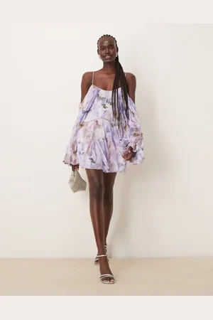 ASOS Draped off shoulder tiered mini dress with lace inserts in print-Multi