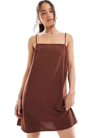 VERO MODA Linen mix throw on mini dress in chocolate-Brown