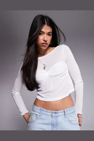 Princess Polly Fine rib contrast bra twist detail long sleeve top in