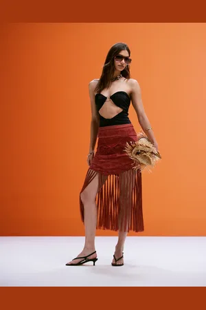ASOS Embroidered skirt with fringe detail in