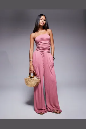 ASOS Crinkle tie waist wide leg pants in (part of a set)-Pink
