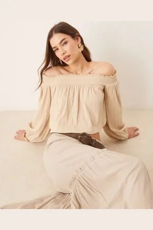 ASOS Crinkle off shoulder balloon sleeve top in -Neutral