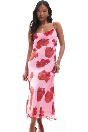 VERO MODA Smilla cowl neck cami midi dress in red and pink floral print