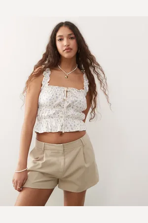 Miss Selfridge Shirred tie front top in ditsy floral-Multi