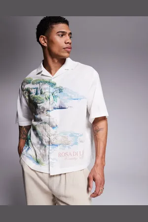 ASOS Boxy oversized revere shirt with placement print in -Neutral