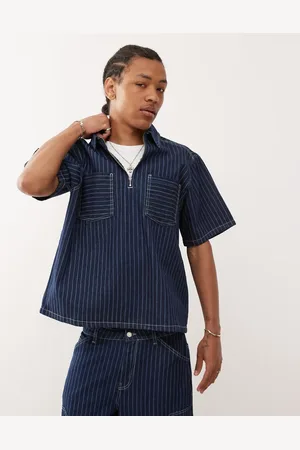 Reclaimed Denim pinstripe boxy shirt with zip detail in blue (part of a set)