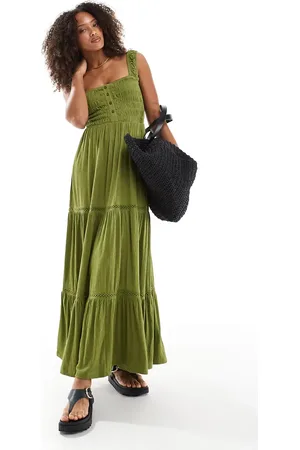 ASOS Ruched square neck tiered midi dress with lace inserts in -Green