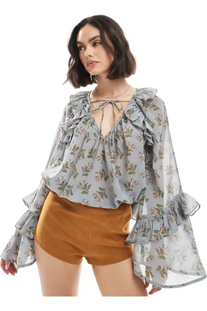 ASOS Tie neck smock top with flare sleeves in floral print-Multi
