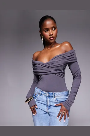 Princess Polly Ruched cross front off shoulder body in charcoal-Black