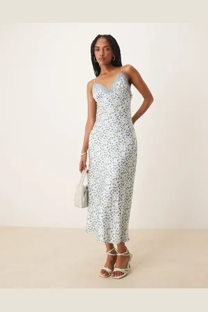 Nialaya Jasmine ditsy print satin midaxi cami dress in light blue-Neutral