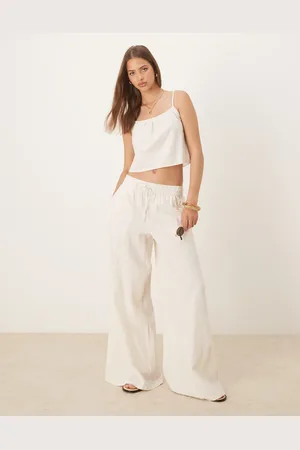 VILA Super wide leg linen mix pants in cream (part of a set)-White