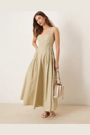 ASOS Scoop neck pleat waist midi dress in -Neutral