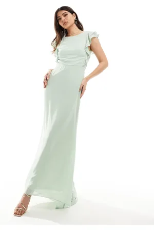 TFNC Bridesmaid chiffon twist back maxi dress with flutter sleeve in -Blue