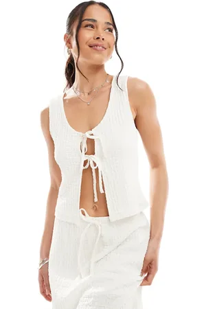Miss Selfridge Textured jersey tie front top in -Neutral