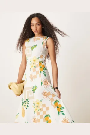 ASOS Cotton sleeveless midi sundress in postcard print-Multi