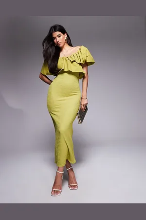 ASOS Textured midi dress with contrast fabric ruffle in -Green